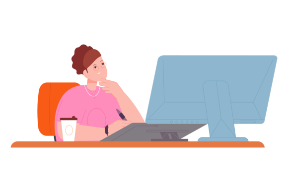 Woman Working at Computer with Coffee Cup